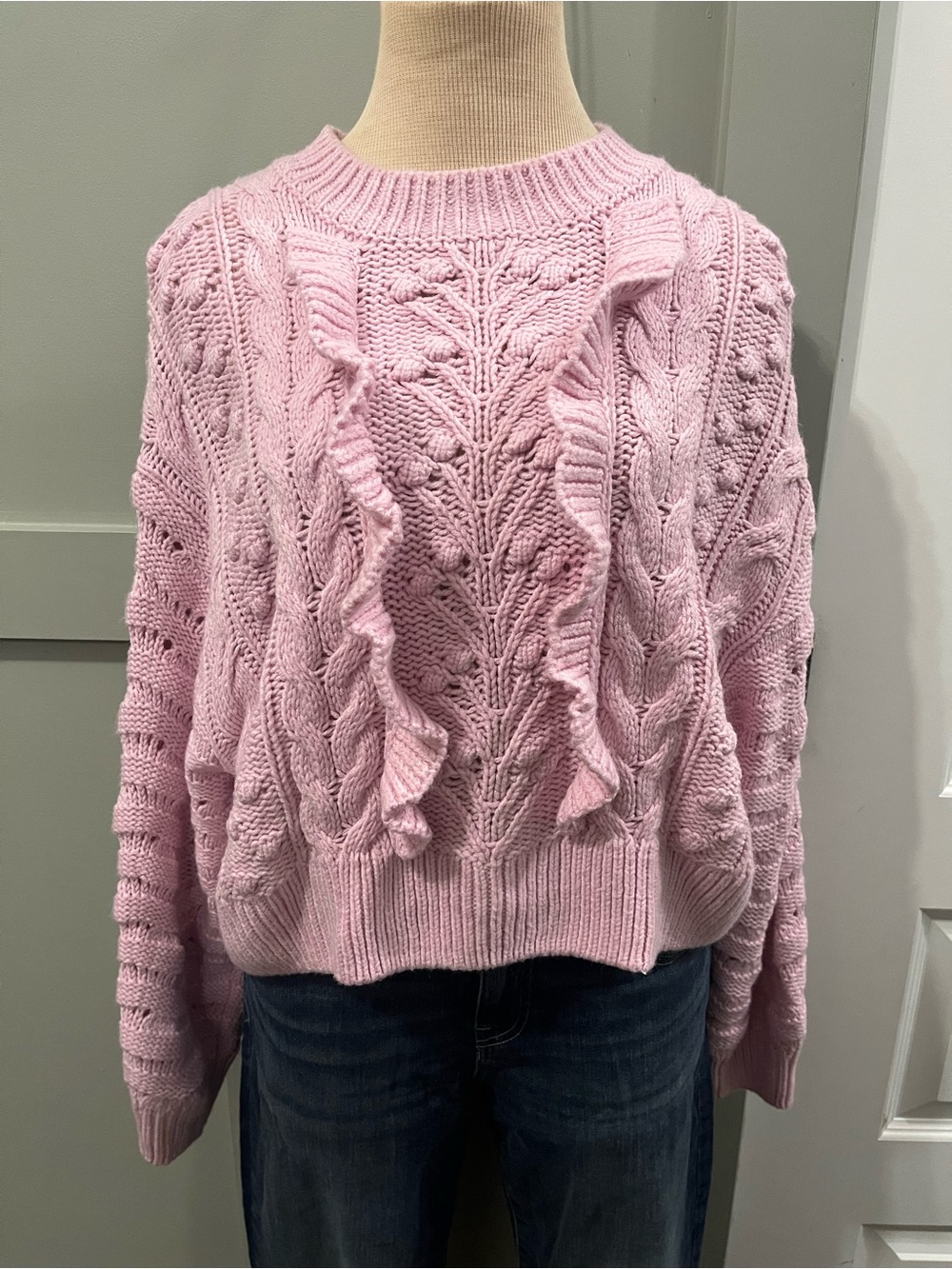 Women’s Divided Light Pink Ruffle Cable Knit Crew Sweater